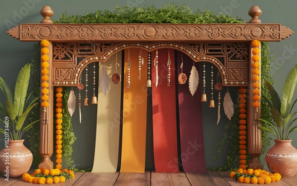 Obraz Handcrafted Tribal Wooden Arch Backdrop with Indigenous Carvings, Marigold Garlands and Bamboo Decorations in Warm Festive Sunlight
