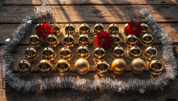 Fototapeta Golden Christmas bells and festive decorations arranged on a rustic wooden table with silver tinsel and red flowers.