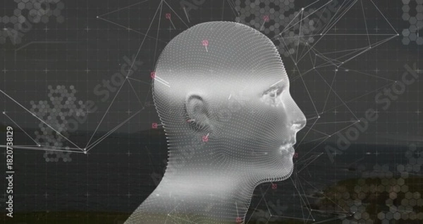 Fototapeta Displaying neutral 3D point cloud head in right profile at dusk coast, with magenta nodes