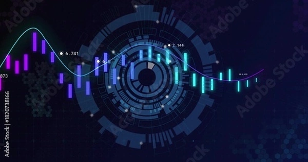 Fototapeta Showing central concentric HUD on dark dashboard, neon waveform, candlestick bars, numeric markers