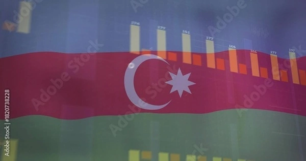 Fototapeta Displaying bar charts over Azerbaijan flag on screen with crescent and eight-point star, gridlines