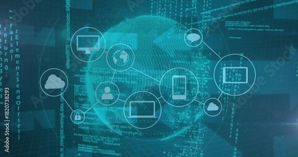 Obraz Displaying central dotted globe and connected node icons in 3D dashboard, showing code streams