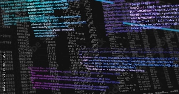 Obraz Displaying central source code and error log table at dev desk, with flat-panel monitors
