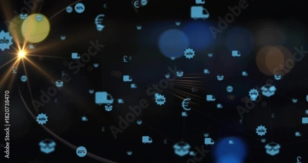 Fototapeta Glowing blue truck, box, currency and sale icons moving over dark digital space with lens-flare