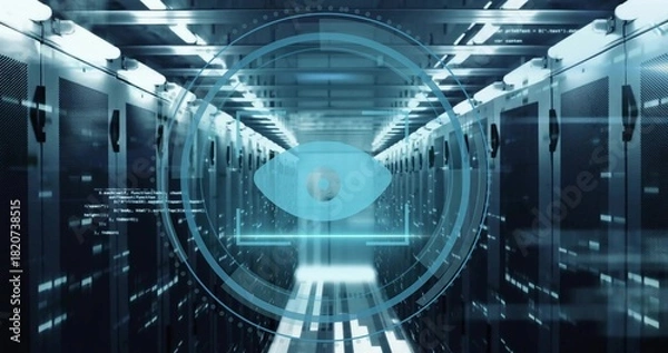 Fototapeta Projecting holographic eye overlay hovering above server racks in data center, with floating code