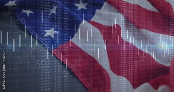 Fototapeta Displaying American flag fabric waving in studio, overlaying candlestick charts and tickers