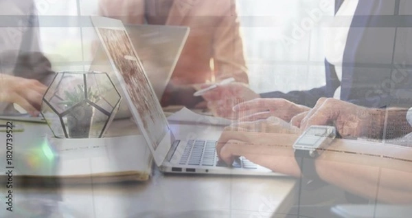 Fototapeta Typing colleagues' hands pressing keys at meeting table, laptop and terrarium in business-casual