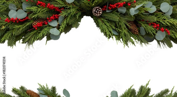 Obraz Vibrant festive holiday border featuring lush evergreen fir branches, red berries, and natural pine cones on a clean white background, evoking warm, cozy seasonal cheer for celebratory designs