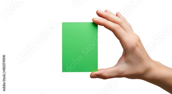 Obraz A human hand presents a vibrant blank green card, perfect for showcasing your unique message, creative design, or brand identity, isolated on a crisp white backdrop