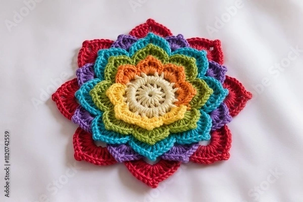Fototapeta Lotus with rainbow petals in the colors of the chakras in a knitted style is made