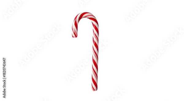 Obraz Classic striped peppermint candy cane with festive red and white patterns, a sweet treat traditionally enjoyed during winter holidays and celebrations, presented against a clean white background