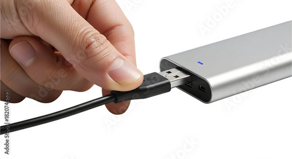 Obraz A hand plugs a black USB cable into a silver portable electronic device, initiating a digital connection for data transfer and power supply, with a blue indicator light showing readiness