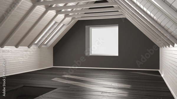 Obraz Empty room, loft, attic, parquet wooden floor and wooden ceiling beams, architecture white and gray interior design