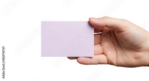 Obraz Close-up of a human hand presenting a blank light purple business card or note on a clean white background, offering customizable space for text or graphics for branding