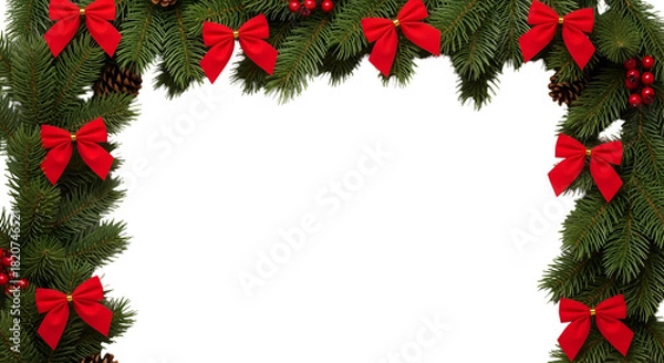Obraz Vibrant Christmas Garland Frame with Red Bows and Berries, Perfect for Festive Holiday Season Decorations and Creative Design Projects on a Pure White Background