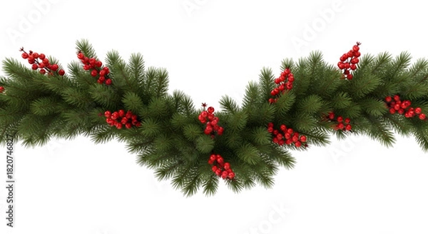 Obraz Classic Festive Holiday Garland Featuring Lush Green Pine Branches and Cheerful Red Berries, Perfect for Christmas Celebrations and Seasonal Home Decor