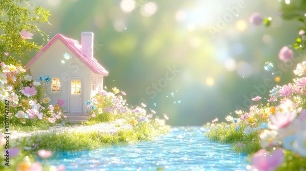 Obraz Whimsical pink roof house nestled in a vibrant fairytale garden with sparkling blue river, colorful wildflowers, lush green grass, and magical sunlight bokeh.