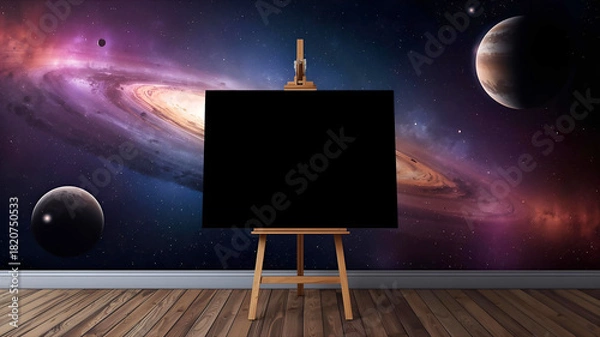 Obraz 宇宙の壁紙の部屋に、黒い画面のイーゼル
