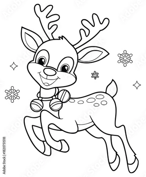 Fototapeta Festive Deer Illustration: A cheerful cartoon reindeer leaps joyfully, adorned with bells and surrounded by falling snowflakes, creating a whimsical scene perfect for holiday designs.
