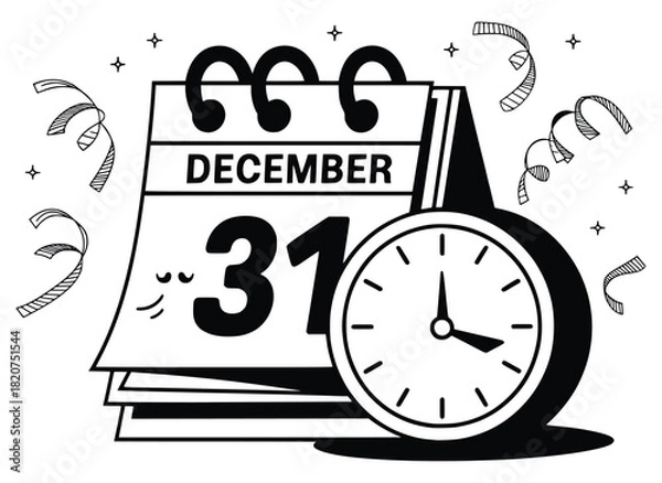 Fototapeta New Year's Eve Countdown: A graphic captures the anticipation of the New Year, featuring a calendar displaying December 31st beside a clock, symbolizing the imminent arrival of a fresh beginning. 