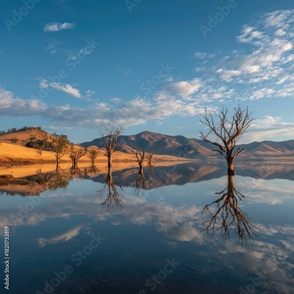Fototapeta Serene lake reflects dead trees, hills, and cloudy sky