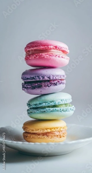 Fototapeta Stacked macarons on plate. Pastel, colorful, delicate dessert