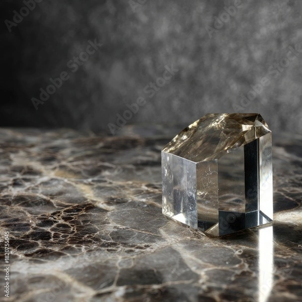 Fototapeta Clear crystal prism on marble. Soft light, dark backdrop