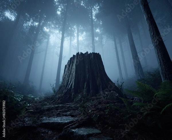 Obraz Misty forest scene with a large, gnarled tree stump