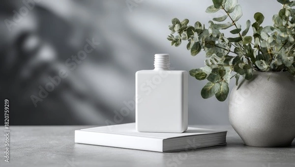 Fototapeta White square bottle on book, eucalyptus, grey backdrop