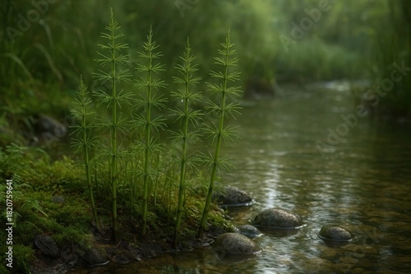 Fototapeta horsetail plants (Equisetum arvense) growing along a clear stream. Lush green moss, ferns, and smooth wet stones surround the slender segmented stems in soft natural daylight, creating a calm, serene 
