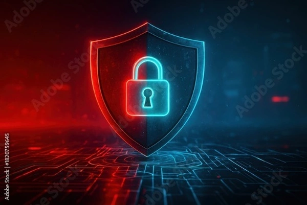 Fototapeta Futuristic cyber security concept featuring a glowing metallic shield with a neon cyan padlock symbol, illuminated by intense red and blue lighting over a digital circuit platform