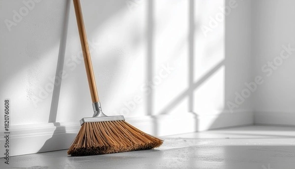 Fototapeta Angled Brown Broom Leaning Against White Wall with Sunlight and Shadows in Corner Room
