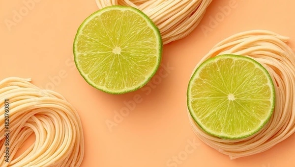Fototapeta Pasta nests and lime slices on peach background