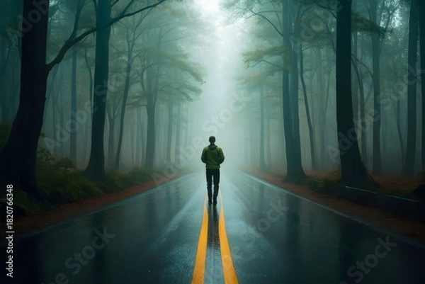 Fototapeta Man Walking Down Foggy Forest Road Towards Light