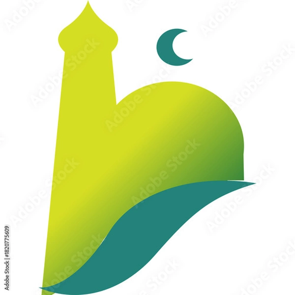 Fototapeta Islamic mosque silhouette with crescent moon and flowing green wave design on white background representing faith and culture