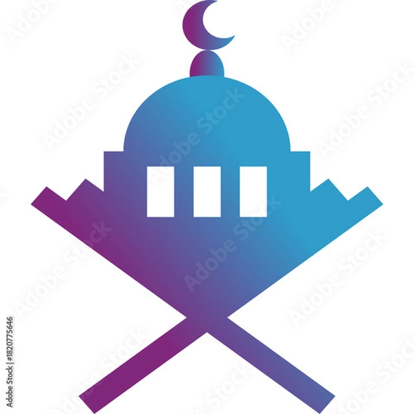 Fototapeta Islamic Symbol of a Mosque Dome and Crescent Moon with an Open Book or Quran on a Purple Blue Gradient Background