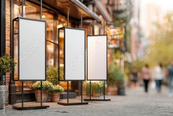 Fototapeta Outdoor cafe storefront with three promotional banners on display in warm urban light
