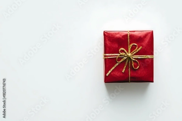 Fototapeta A shimmering red-wrapped Christmas box adorned with a metallic gold ribbon.