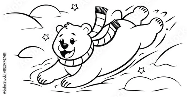 Fototapeta Playful Polar Bear Adventure: A cheerful illustration of a polar bear gleefully sliding through a snowy landscape, adorned with a cozy scarf, representing winter fun and the joy of play.