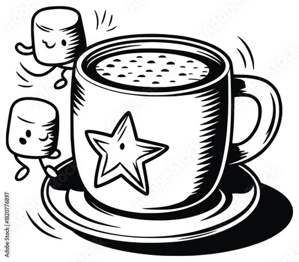 Fototapeta Cozy Cocoa Cup with Marshmallow Companions: A charming illustration depicts a steaming cup of cocoa adorned with a star design, accompanied by lively marshmallow friends.