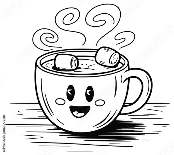 Fototapeta Cozy Cocoa Delight: A charming illustration depicts a steaming cup of hot cocoa, adorned with marshmallows and a cheerful face, evoking feelings of warmth and comfort.