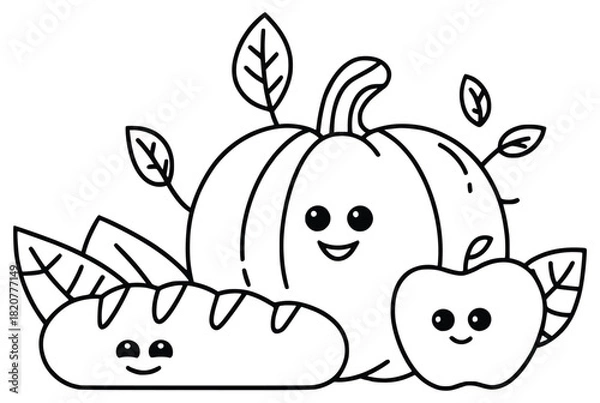 Fototapeta Harvest Delight: An outline drawing of a cheerful pumpkin, apple, and loaf of bread, radiating the warmth of the harvest season. A simple yet inviting image