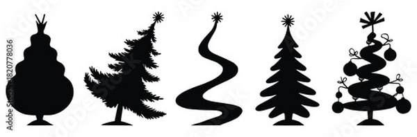 Fototapeta Silhouette Christmas Trees: A set of stylized silhouette Christmas trees, offering a festive and versatile design element for the holiday season. The stark black shapes pop out.