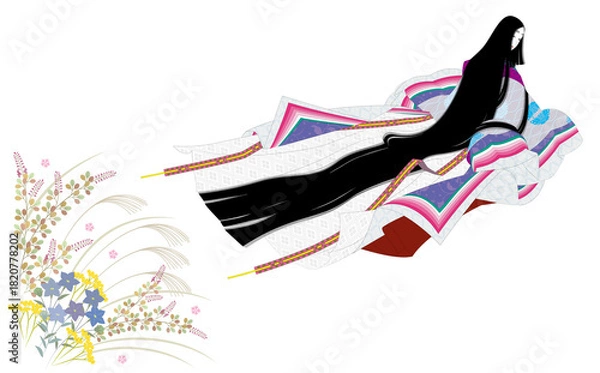 Obraz 日本の伝統的な着物の正装の十二単衣の衣装。振り返る高貴な女性と秋草。