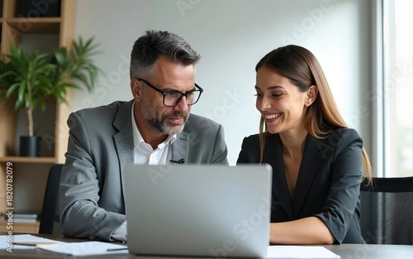Fototapeta Mature mentor man and European leader woman discussing project on laptop in office. Two diverse partners, colleagues, team of confident professional business people work together. Banner, copy space