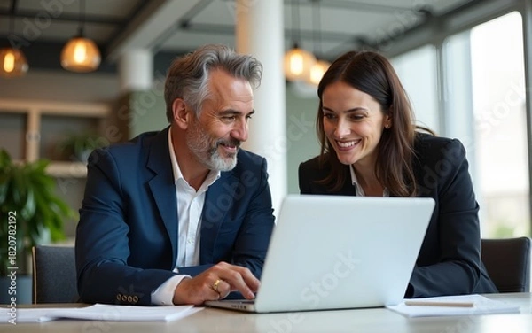 Obraz Mature mentor man and European leader woman discussing project on laptop in office. Two diverse partners, colleagues, team of confident professional business people work together. Banner, copy space