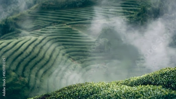 Fototapeta Breathtaking panoramic view of expansive, terraced green tea fields descending misty hillsides, capturing the serene atmosphere and fresh growth.