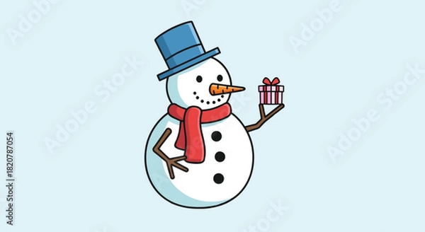 Fototapeta Snowman Holding a Tiny Gift Box Pastel Color Tones Flat Vector Bold Outlines