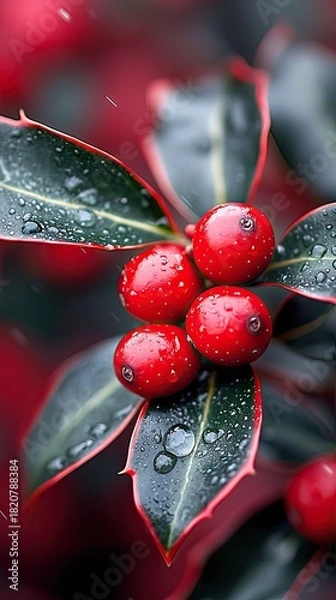 Fototapeta Close-up of vibrant red holly berries and dark green leaves covered in glistening water droplets. The background is a soft, blurred red, creating a moody and fe