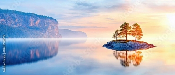 Fototapeta A small rocky island with three pine trees stands in calm water, reflecting the warm colors of a sunrise. Misty mountains are visible in the background.